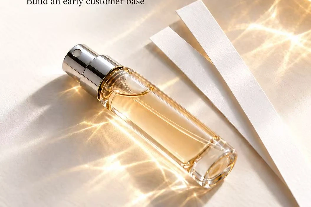 A golden fragrance sample and paper scent strips in warm sunlight